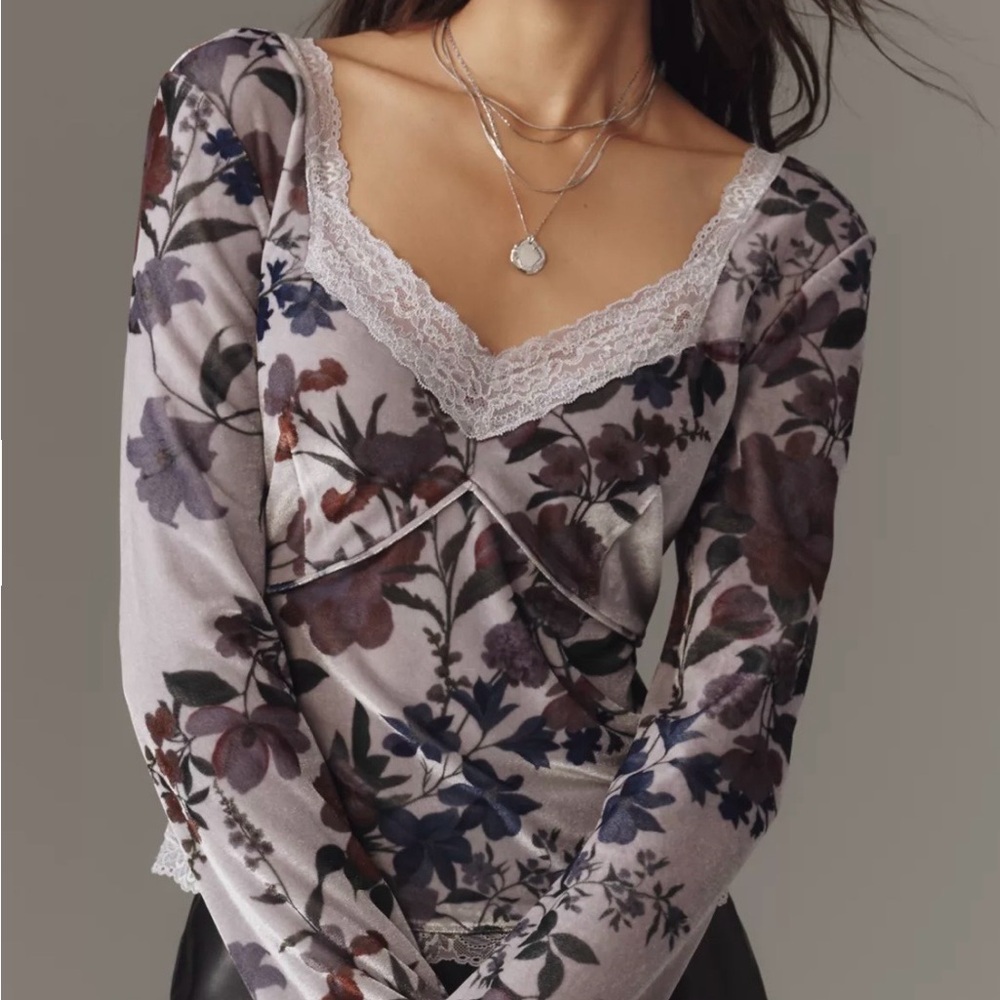 By Anthropologie Velvet Lace V-Neck Top, Medium